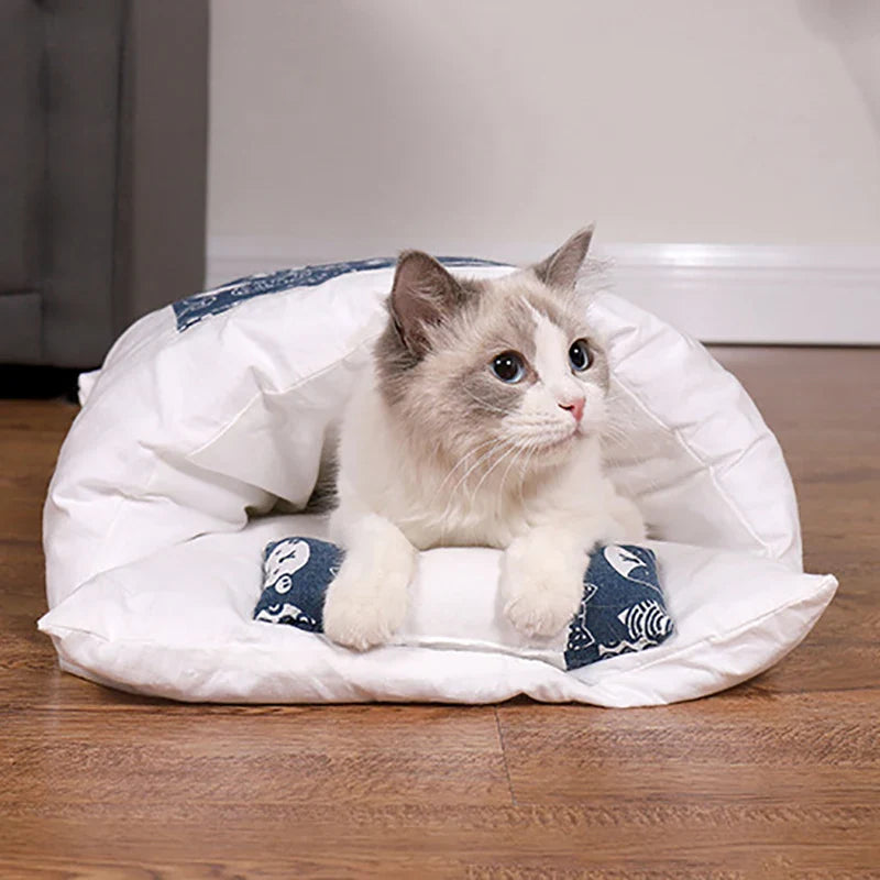 japanese cat bed warm cat sleeping bag deep sleep cave winter removable pet house bed for cats dogs nest cushion with pillow-2