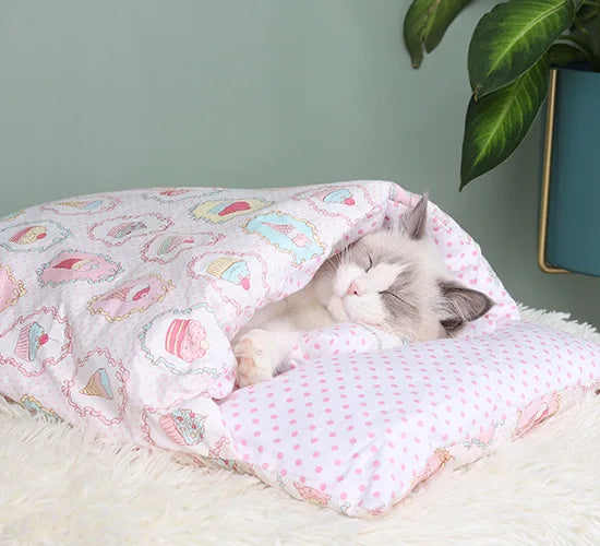 japanese cat bed warm cat sleeping bag deep sleep cave winter removable pet house bed for cats dogs nest cushion with pillow-6