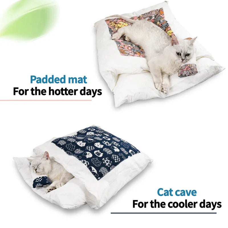 japanese cat bed warm cat sleeping bag deep sleep cave winter removable pet house bed for cats dogs nest cushion with pillow-3