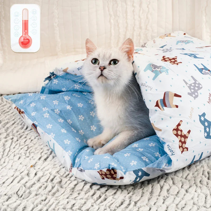 japanese cat bed warm cat sleeping bag deep sleep cave winter removable pet house bed for cats dogs nest cushion with pillow-0