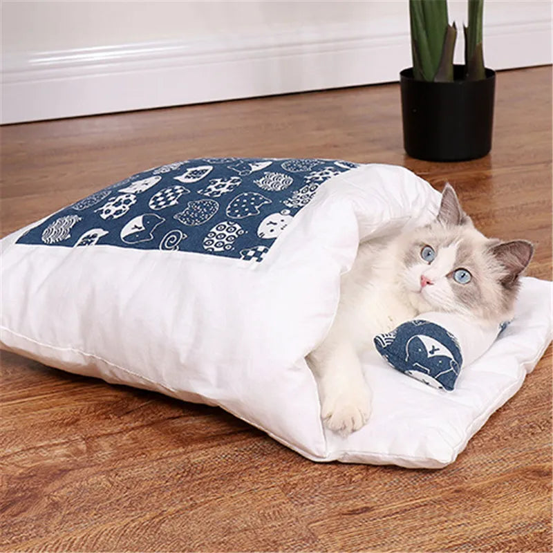 japanese cat bed warm cat sleeping bag deep sleep cave winter removable pet house bed for cats dogs nest cushion with pillow-1