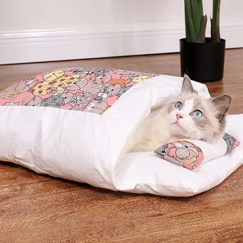 japanese cat bed warm cat sleeping bag deep sleep cave winter removable pet house bed for cats dogs nest cushion with pillow-7